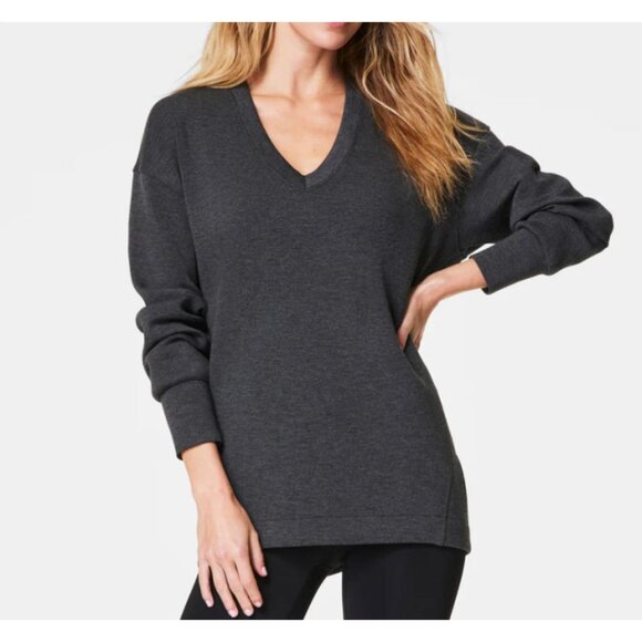 Spanx AirEssentials Brushed Tunic Dark Grey Heather V-Neck Fleece Soft Sweater L - Picture 1 of 9